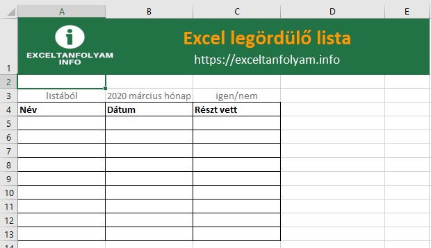 Excel legördülő