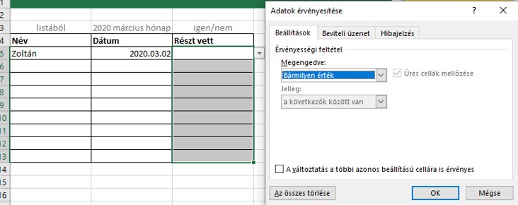 Excel választható lista