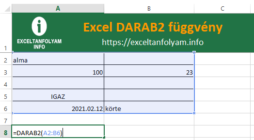 Excel DARAB2 függvény magyarázata példákkal