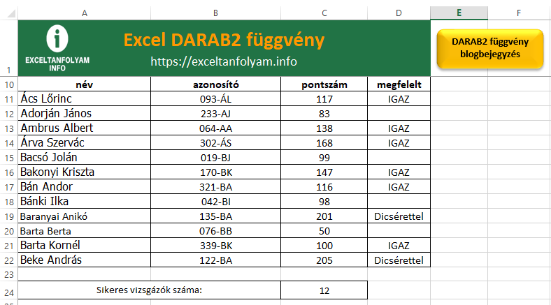 Excel DARAB2 függvény végeredmény